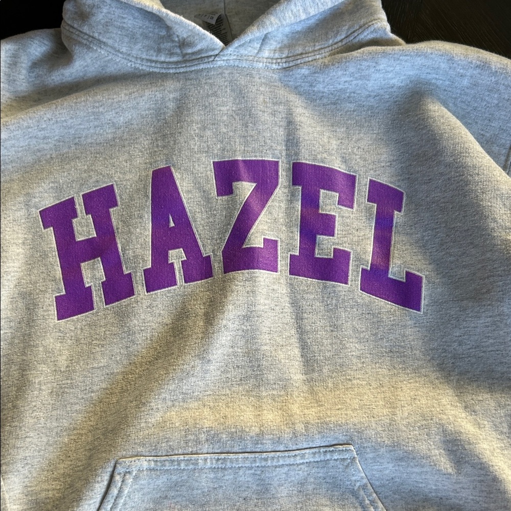 Hazel Gray Hoodie with Purple Lettering - Picture 2 of 3